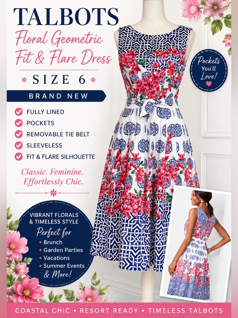 Talbots Floral Geometric Fit & Flare Dress 6 Fully Lined Pockets Belted Wedding